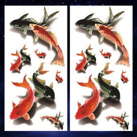 Oottati 2 Sheets Waterproof Arm Hand Temporary Tattoo Stickers 3D Red Black Koi Carp Fish Look Real and Last Long