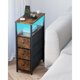 TUTOTAK Narrow End Table with Charging Station, Side Table with Plugins, Tall LED NightStand with 3 Fabric Drawer, Small Bedside Table with Storage, Set of 2, for Living Room, Brown TB01BB073L