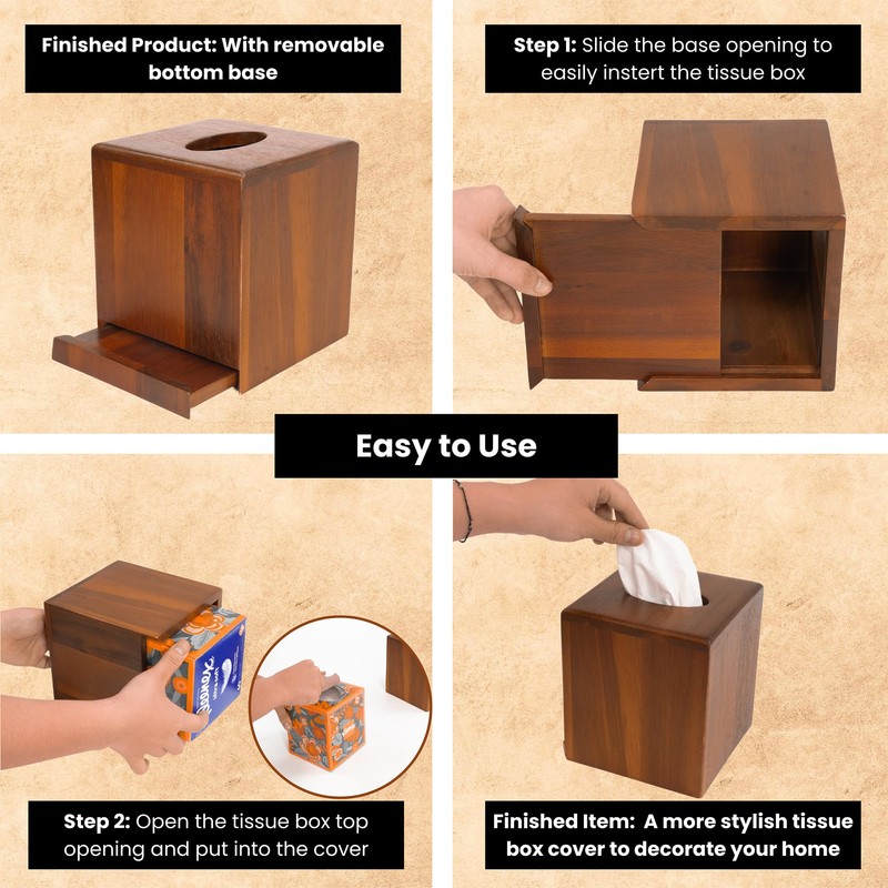 KOLWOVEN Acacia Wood Square Tissue Box Holder - Farmhouse Style,