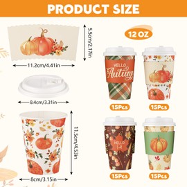60 Set Fall Disposable Coffee Cups with Lids Sleeves, Autumn Pumpkin Cup