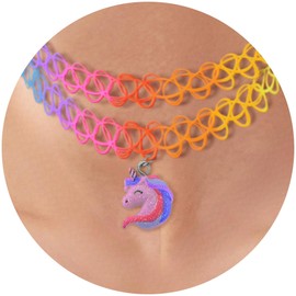 BodyJ4You Tattoo Choker Necklace - 90s Choker Necklace Women - 2000s Rainbow Choker - Glitter Unicorn Pink Purple Blue Charm Pendant - Colorful Stretchy Elastic Necklace