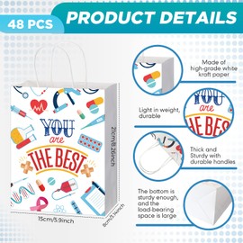 48 Pcs Nurses Week Gift Bags Nurse Appreciation Kraft Paper Bag Bulk You Are The Best Nurse Thanks Treat Bags with Handle for Nurses Day Doctor Staff Healthcare Workers Party Supplies, 8 x 6 x 3 Inch