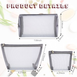Boao 3 Piece Mesh Cosmetic Bag Mesh Makeup Bag with Zipper Pouch Travel Toiletry for Makeup Organizer Home Office Travel Accessories(Grey)
