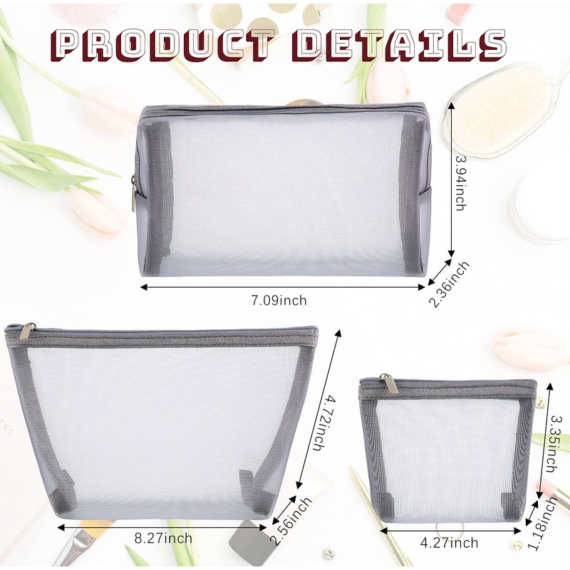 Boao 3 Piece Mesh Cosmetic Bag Mesh Makeup Bag with