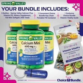 Spring Valley Calcium 600 mg Plus Vitamin D3 12.5 mcg 150 Ct Mini Softgels (450 Total) + “Vitamin Vitality” Guide & Pill Container (5 Items)!