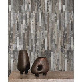 KASARO 20-Sheets Peel and Stick Backsplash Tile for Kitchen, Vintage Wood with Metal Silver Embellished Stripes Tile, Self Adhesive PVC Mosaic Wall Tile Decorative for Bathroom, Fireplace and RV