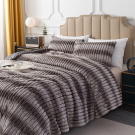 Wajade Fluffy Jacquard Striped Comforter Set King Size Ultra Soft Fuzzy Furry Tie Dye Dark Grey 3Pcs Bedding Set Luxury Shaggy Faux Fur Bed Set with Matching Shams
