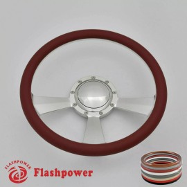 FLASHPOWER 15.5" Billet Steering Wheel Burgundy Half Wrap GMC Chevy Ford Mopar W/ Horn