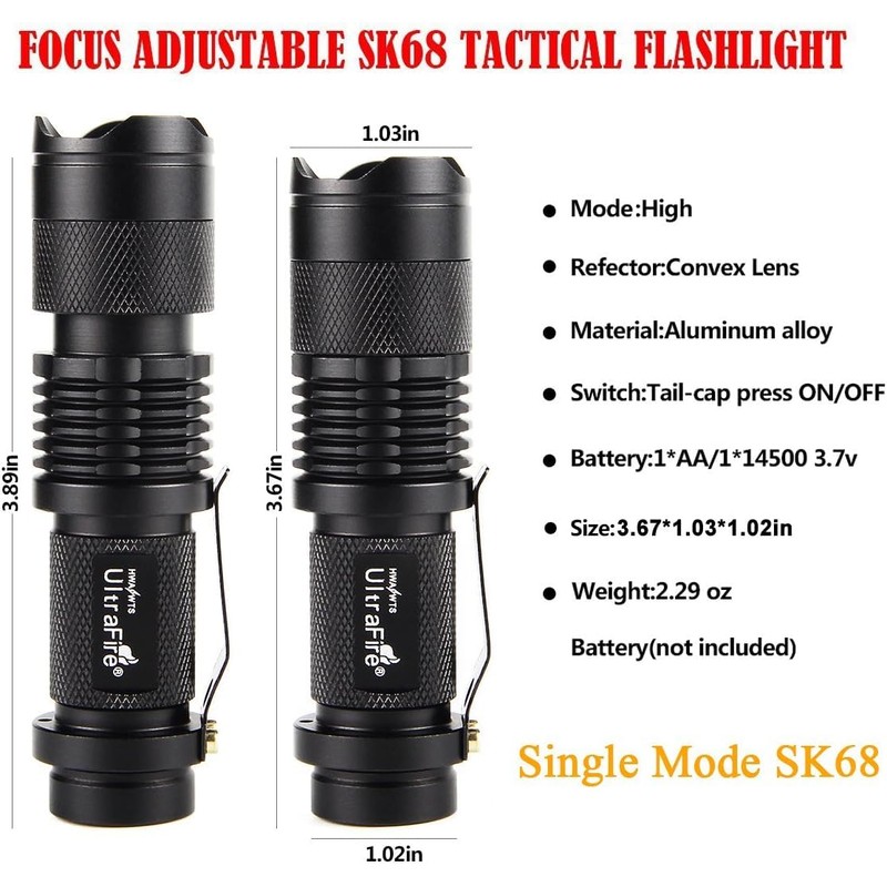 ULTRAFIRE 3 Pack Mini LED Torch Single Mode Zoomable Small
