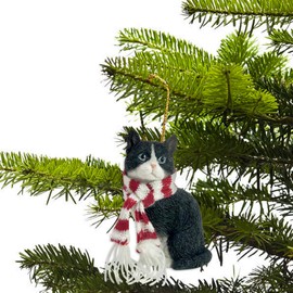 Sandicast Shorthair Tuxedo Cat with Red and White Scarf Christmas Ornament