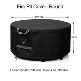QH.HOME Fire Pit Cover Round Super Waterproof, 28" D X 16" H Outdoor Round Firepit Cover 600D Strong Tear Resistant, UPF 50+ Fire Pit Covers Premium Fading Resistant for Outdoor Fire Pit - Black