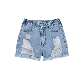 WDIRARA Girl's Bow Embroidered Ripped Denim Shorts Elastic High Waisted Raw Hem Jean Shorts Blue Light 10Y