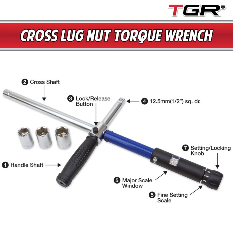 TGR 1/2” Dr Cross Type Lug Nut Torque Wrench 70-170