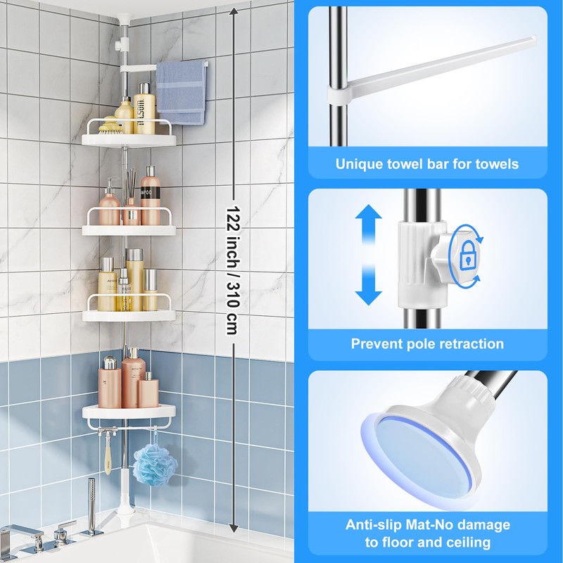 HAMITOR Corner Shower Caddy Tension Pole: Adjustable Stainless Steel Shower