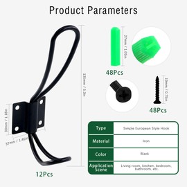 Keadic 12 Pack Heavy Duty Rustic Black Coat Hooks Kit with Screws and Expansion Screws Included, Wall Mounted Coat Hanger | Double Vintage Wall Hooks for Hanging Look (Black - 12 Pack)