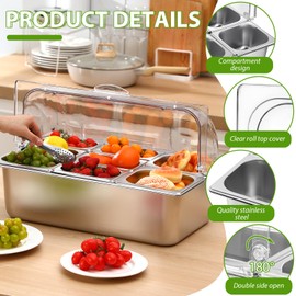 Ziliny Countertop Food Serving Display Container and Clear Roll Top Cover Stainless Steel Food Serving Tray Buffet Condiment Dispenser Display Rack for Restaurant Hotel Kitchen Party (8 Pan)