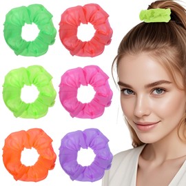 Ouligay 6PCS Neon Scrunchies for Hair 80s Soft Neon Hair Accessories for Girls and Womens Satin Neon Hair Ties Ponytail Holder Multicolor for Thin and Thick Hair Styling