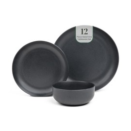 Larder & Vine 12-Piece Melamine Dinnerware Set: Durable, Lightweight, Break-Resistant Plates & Bowls – Stylish, Non-Toxic, Dishwasher Safe – Ideal for Everyday Use, Indoor & Outdoor Dining – Black
