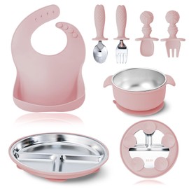 7 Pieces 304 Stainless Steel Baby & Toddler Feeding Set - Suction Divided Plates, Bowls, Silicone & Stainless Spoon Fork,Pocket Bib Unbreakable, Dishwasher Safe Kids Dinnerware Essentials (Pink)
