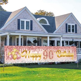 90th Birthday Decorations for Men & Women - Rose Gold 90 Years Old Happy Birthday Yard Banner, 98x18 in - 90th Anniversary Birthday Party Supplies for Indoor & Outdoor Yard Decor