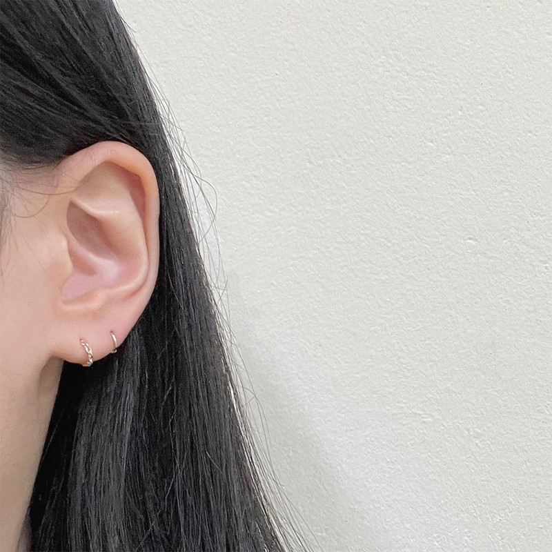 14k square chain mini one-touch ring earrings layered earlobes earlobe