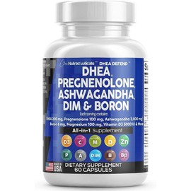 DHEA 200mg + Pregnenolone 100mg Supplement for Men & Women | With DIM, Ashwagandha 3000mg, Boron, Calcium, Magnesium, Zinc 50mg & Vitamin D3 5000IU