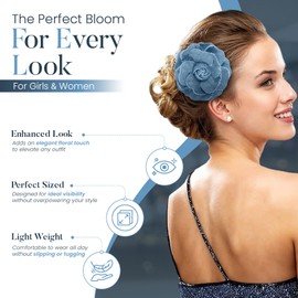 Mecool 2.68" Camellia Flower Hair Clips for Weddings Women's Party Brooches & Pins Women's Hair Jewellery | Ponytail Holder Ladies Brooches for Wedding | Hair Styling Accessories for Girls-Light Blue