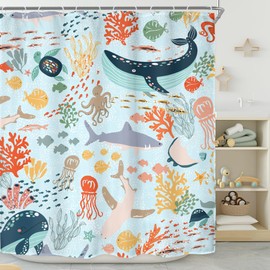 Riyidecor Shark Kids Fish Shower Curtain for Bathroom Decor 72Wx72H Teal Blue Sea Animal Ocean Whale Funny Cartoon Underwater Turtle Boys Art Printed Fabric Polyester Waterproof 12 Pack Plastic Hooks