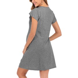 SHEKINI Women's Maternity Nightdress Lace V Neck Short Sleeve Nightwear Soft Nursing Nightgown for Pregnancy Breastfeeding Pyjamas Loungewear, Grey, L