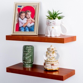 2 Pc Natural Pine Wooden Floating Shelves for Wall with No Drilling; Wall Mounted Wood Shelf Set; Wall Shelves for Living Room, Bathroom, Kitchen and Bedroom Bookshelf (Honey Oak, 16)