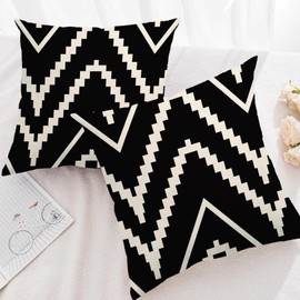 Modern Geometry Style Throw Pillow Covers Double-sided printed Black&Beige Stripes Square Home Decorative Cushion Cover Farmhouse Home Decor Pillowcase 18”×18”,2Pack for Sofa,Couch,Bed (Black)