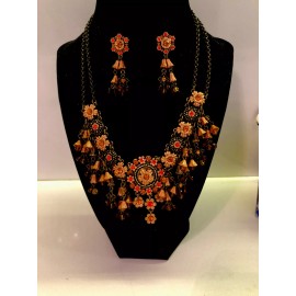 Unbranded Golden crystals, enamel Israeli Designer inspired Necklace Dangle Earring Set