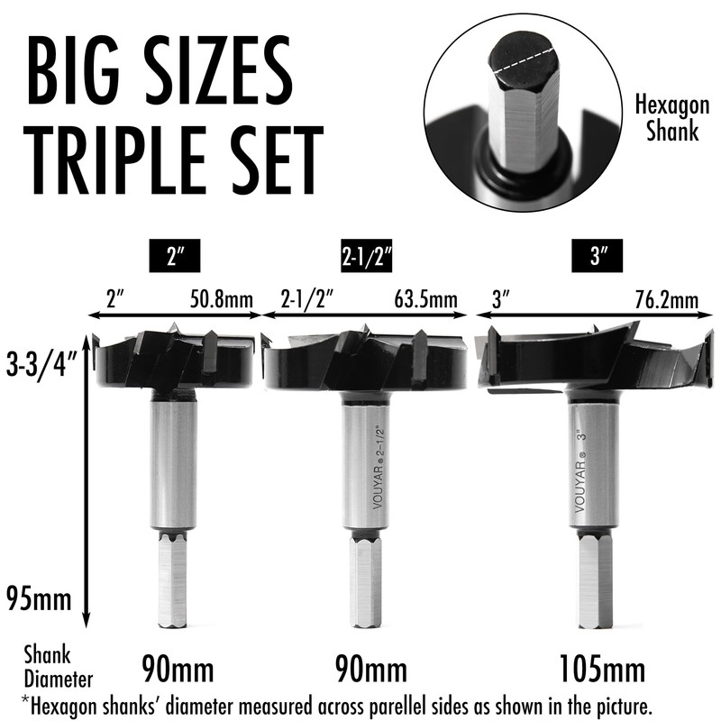 Vouyar Large 3PCS Forstner Drill Bit Set 2",2-1/2",3" Triple-Flute Carbide
