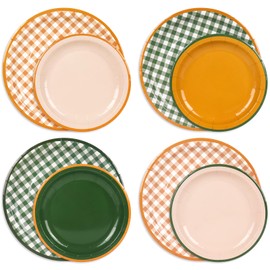 FYSUIMU 96Pcs Camp Gingham Paper Plates Green Orange Disposable Plates 9 Inch Checkered Plate 7 Inch Solid Plate for Bachelorette Party Birthday Baby Shower