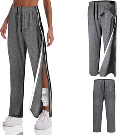 Unisex Tearaway Pants with 2 Side Zippers Snaps for Post Surgery Men Breakaway Pant Full Open Down Cotton Rip Off Sweatpants for Hip Replacement Grey M