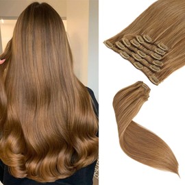 LuxeTress Clip-In Real Hair Extensions, 40 cm, 120 g, 7 Pieces, 100% Real Remy Extensions, Clip, Natural, Straight Hairpieces, Double Stitched Hair Extensions (16 Inches, #4)