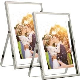 Silver 3.5x5'' Floating Frame Set of 2, For Photo Sizes (2x3'', 3.5x 5'' up to full 4x6''), Plated Metal Silver Frames 4x6'' for Tabletop/Shelf Photo Frame,Wedding,Christmas,Birthday Gift