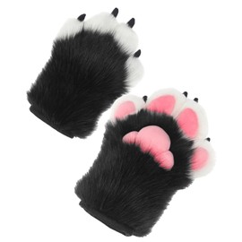 [S.fields.inc] Cat Paws Cosplay Costume Fluffy Cat Gloves with Paw Pads and Claws Cat Ear Gloves Adult Costume, Black