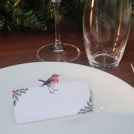 Christmas Robin Table Place Name Cards 12/pk Festive Table Setting Decor with Adorable Robin Design Perfect for Personalising Christmas Dinner Parties, Family Meals, and Winter Events