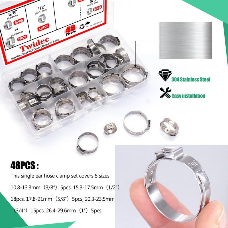 Twidec/48PCS 3/8",1/2",3/4",5/8",1" PEX Cinch Clamps Kit 5 size,Stainless Steel Pex