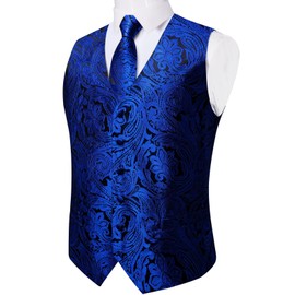 DiBanGu Mens Vest and Tie Set Formal Paisley Waistcoat and Necktie Pocket Square Cufflinks Silk Suit Vest for Tuxedo Wedding, Black and Royal Blue, 3X-Large
