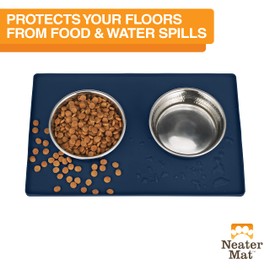 Neater Pet Brands Neater Mat - Waterproof Silicone Pet Bowls Mat - Protect Floors from Food & Water (Dark Blue, 16" x 10" Silicone)