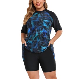 Halcurt Women Plus Size Rash Guard and 8" Swim Shorts Sets Built in Bra Swim Suits UPF 50+ Black Green Palm 2X