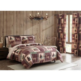 5-Piece Rustic Cabin Twin Comforter Bed in a Bag Bedding Set with Deep Pocket Sheets, Bear Deer Lodge Brown Green