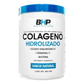 BHP NUTRITION colageno hidrolizado adicionado con acido hialuronico, vitamina C y biotina, 50 servicios, 500g sin sabor alta pureza