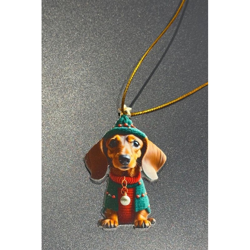 Dog with Green Hat and Red Sweater Christmas Ornament (Style
