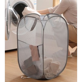 2 Pack Mesh Laundry Basket,Foldable Popup Laundry Hamper with Durable Handle,Easy to Open and Fold for Dorm, Laundry Room, Bedroom, RV(Gray+ Gray)…