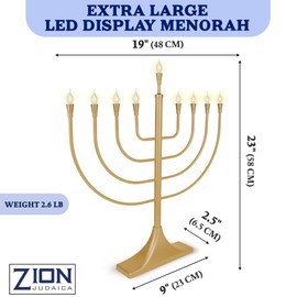 Zion Judaica Extra Large 23" Electric Menorah Satin Gold with Flame Shaped Bulbs Traditional U-Shape USB Electronic LED Hanukkah Minorah with 10 Screw-in Frosted Bulbs Chanukah Decorations