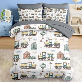 Pamnest Comforter Set Full Size, Cute Cartoon Train 7 Pcs Bedding for Kids and Adults, Green Barn Tree Bed Sheet Sets with Fitted Sheet 2 Pillowcases & 2 Shams for Bedroom Bed Decor