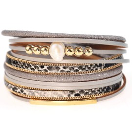 Suyi Leather Bracelet for Women Leopard Multilayer Wrap Bracelet Boho Birthday Gift Leopard Gray
